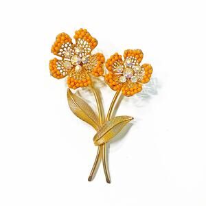 Vintage Midcentury Coral Bead & Rhinestone Flowers Gold Tone Metal Brooch